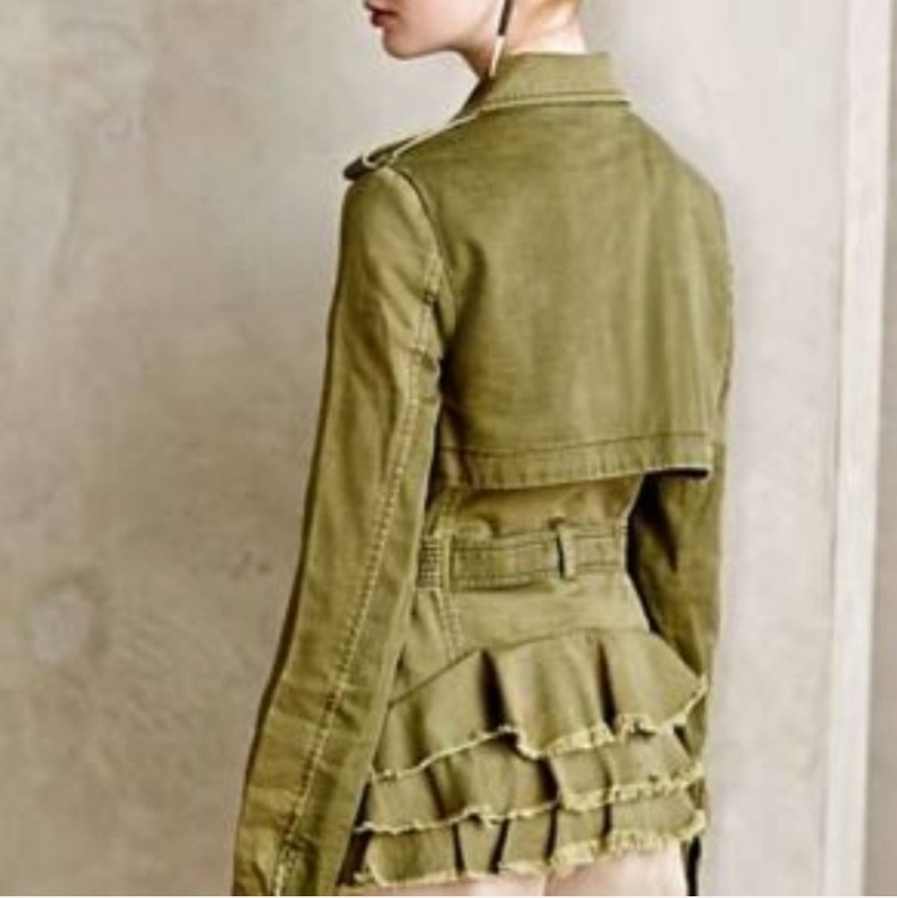 Anthropologie Hei Hei Olive Green Belted Utility Jacket With Ruffles Size‎ XS
